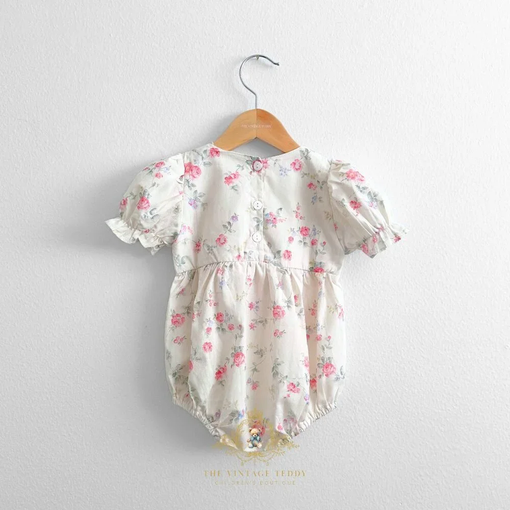 NWT Pretty Girls Floral Romper Bubble One-Piece & Headband Set Cream Pink 18-24M